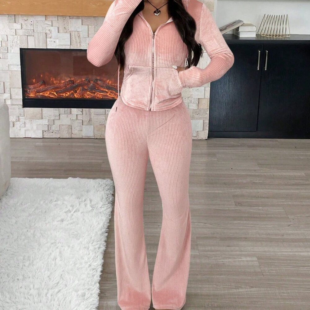 Pink Casual Women's Ribbed Thermal Lined 2-Piece Lounge Set